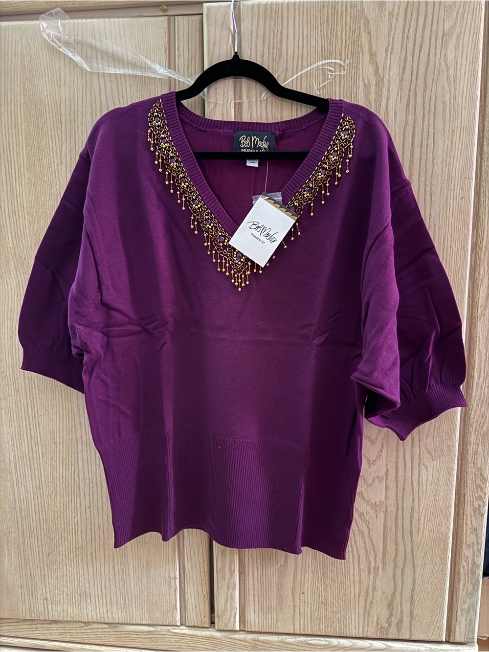 Bob Mackie Purple V-Neck Beaded Knit Pullover